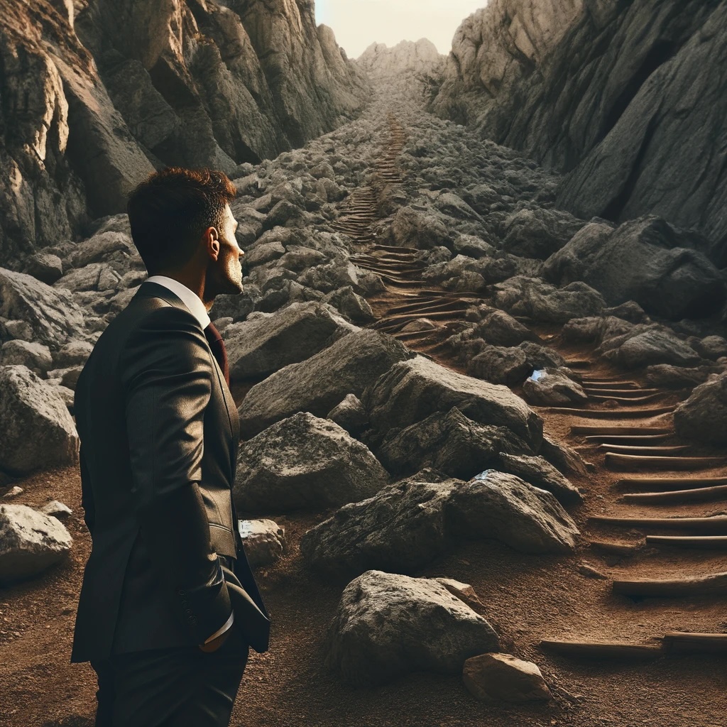 Man staring at a rock filled path
